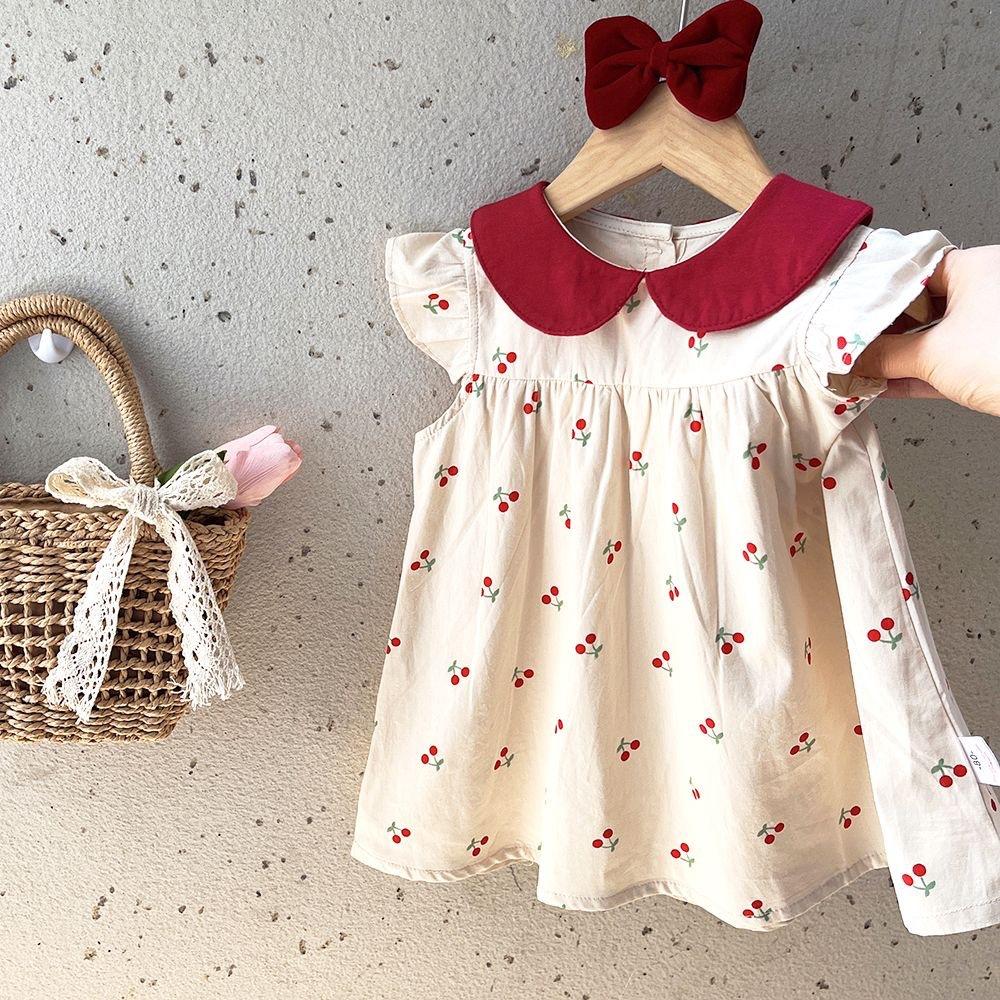 Summer Girls Cherry Print Cotton Dress Sweet Cute Princess Baby Toddler Flutter Sleeve Casual Party Sundress For Kids 80cm вишня