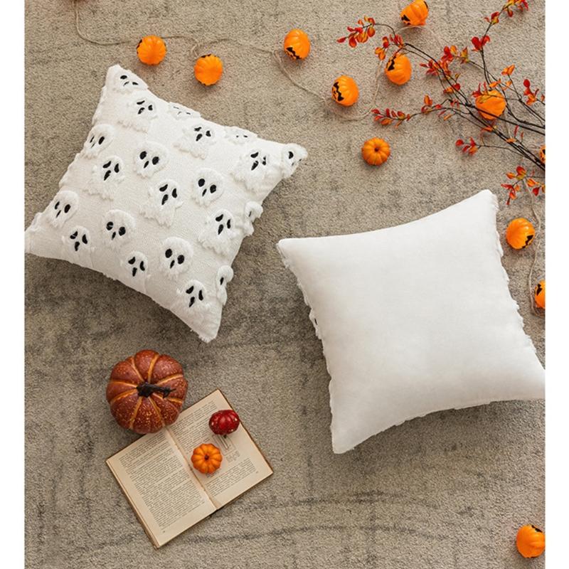 Spooky Themed Plush Pillow Cover Nursery Bedroom Decors Ghostly Pattern Throw Pillowcase for Sofa Couch Halloween Accessory