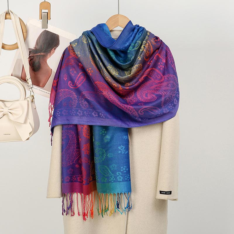 Women Winter Elegant Jacquard Pashmina Imitation Cashmere Scarf Lady Rainbow Color Shawl Thick Warm Wrap Coldproof Blanket Scarf
