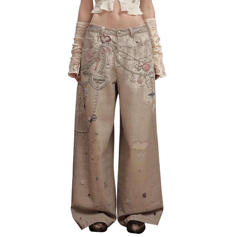 

UNIFREE Lace Heart Print Loose Casual Pants L