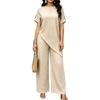 Women Loose Fit Round Neck Irregular Hem Mid Length Top Wide Leg Pants Casual Two Piece Set