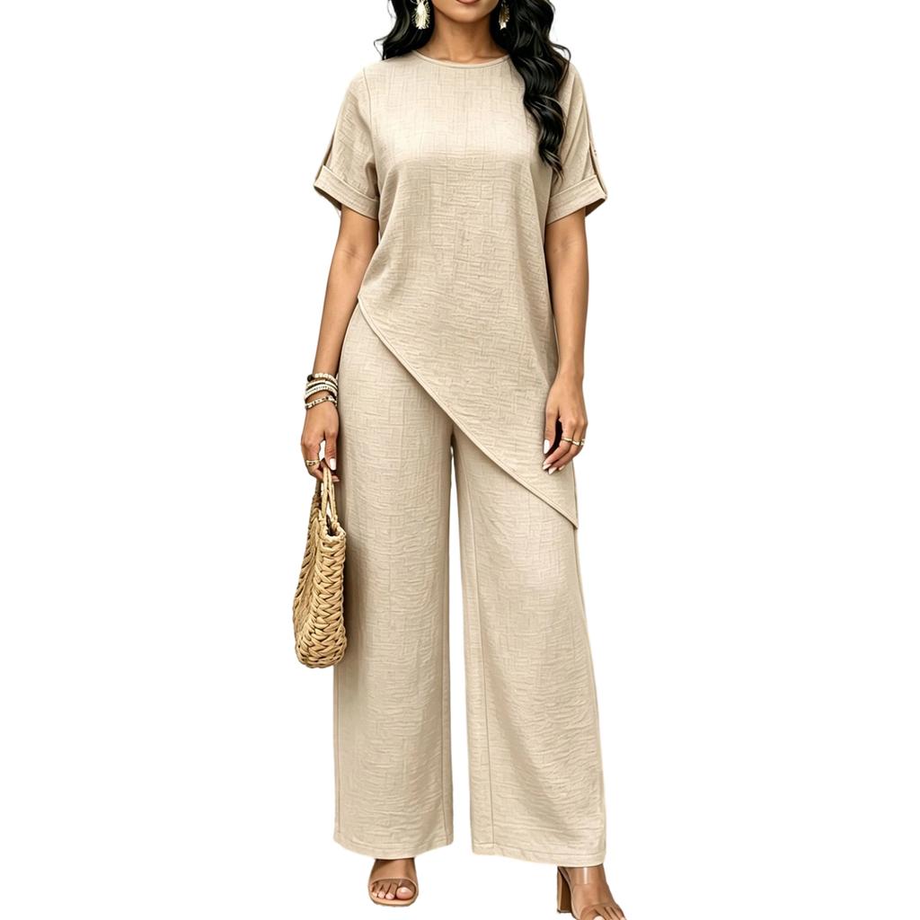 Women Loose Fit Round Neck Irregular Hem Mid Length Top Wide Leg Pants Casual Two Piece Set