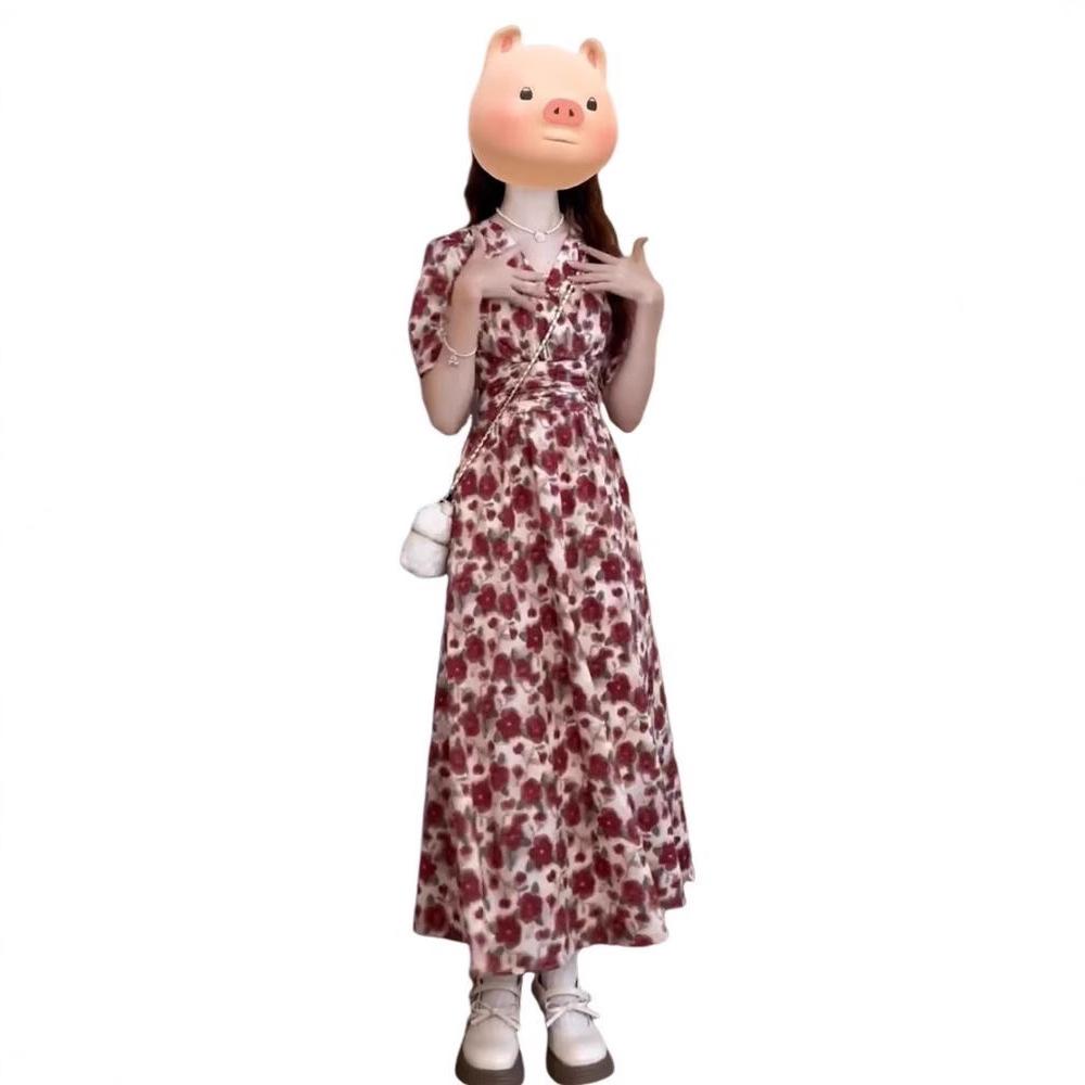 Summer Red Floral Dress Children's New Waist Explosion Long Dress Coffee Break French Temperament Advanced Sense