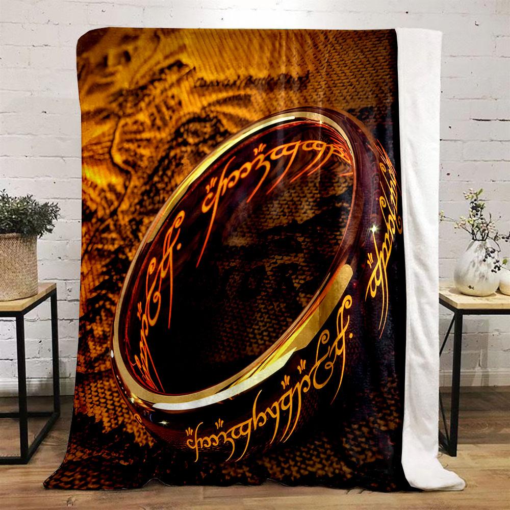Golden Ring with Glowing Elvish Script Patterned flannel blanket perfect for the bedroom living room, sofa, or a little nap