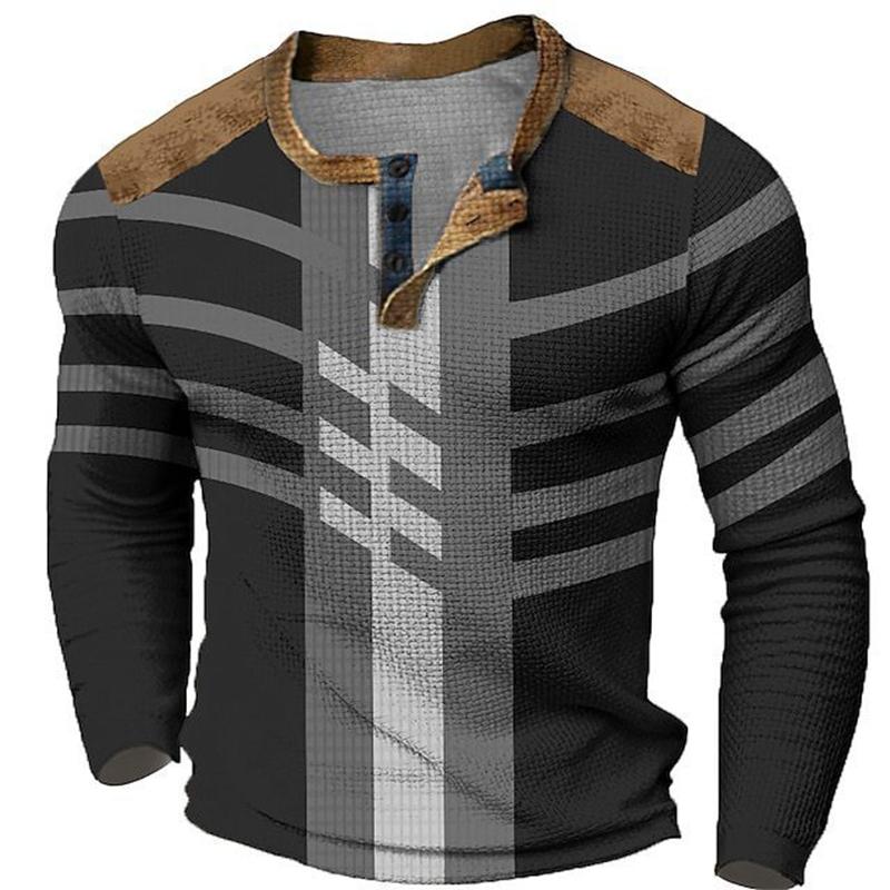 Unregelmäßiges Herren-T-Shirt mit 3 Knöpfen und Digitaldruckmuster, bequeme Polyesterfaser für Frühjahrs- und Herbstbekleidung, tägliche Outdoor-Bekleidung