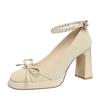9CM French Style Bow Platform Block Heels, Pearl One Buckle Square Toe Shallow Mouth Fashion Women Daily Party Pumps