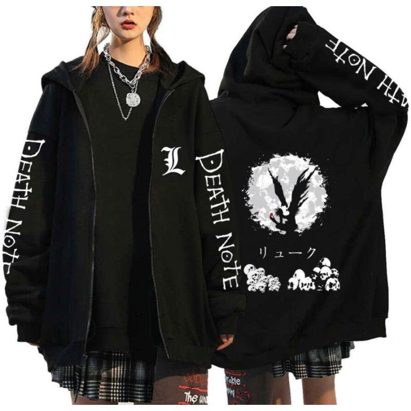 Japan Anime Death Note Lynlås Hættetrøjer Gotisk Herre Tegneserie Misa Amane L Ryuk-Grafik Streetwear Sort Fleece Lynlås Jakke Frakker
