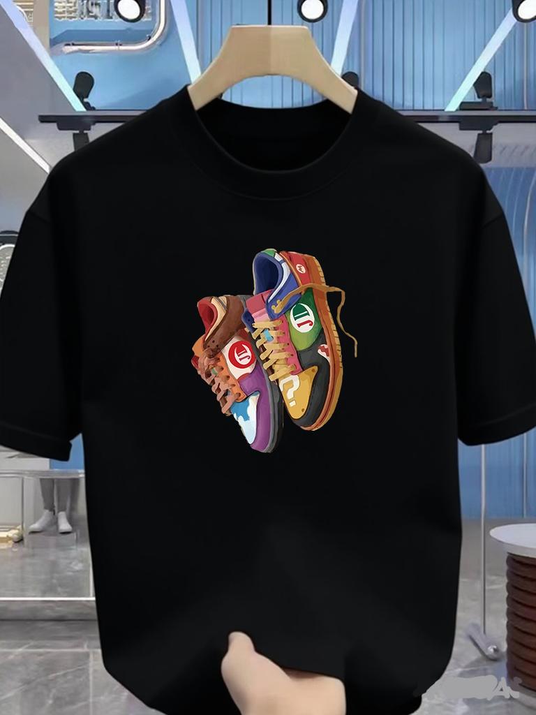 Men's Summer Cotton T-shirt - Fashion Brand - Tight Sportswear Style - Teenage Trendy Style - Printed Shoes - Short-sleeved Top