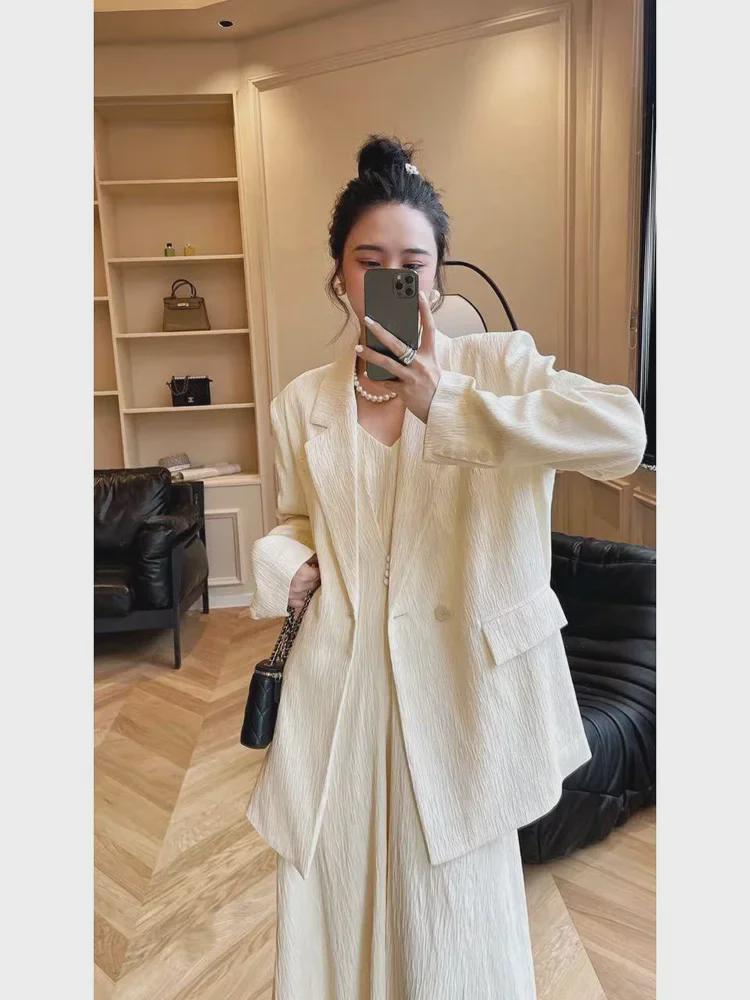 Costum de două piese pentru femei, mărime mare: Fustă lungă cu bretele și sacou pentru primăvară/toamnă