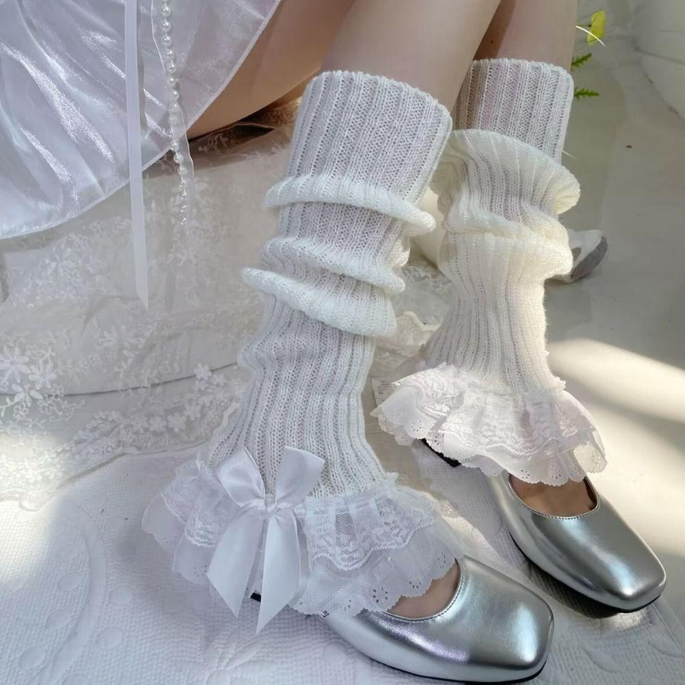 Gestrickte Beinwärmer mit Schleifenakzent, mehrlagiger Rüschensaum, hohe Socken für Lolita-Mädchen