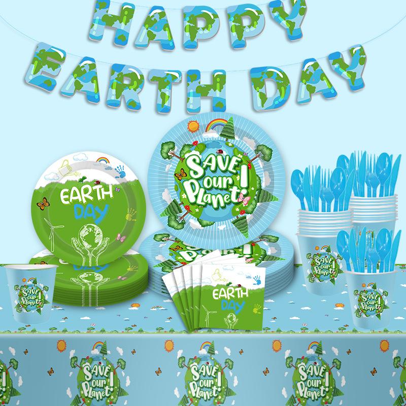 Environmental Earth Day Theme Party Tableware Set Disposable Paper Plate Paper Cup Paper Towel Tablecloth Flag Arrangement Supplies
