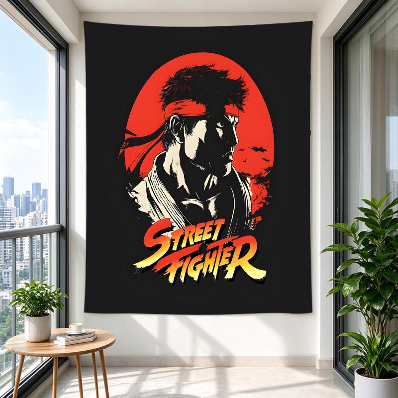Vertical Tapestry Street Fighter Ryu Profile Silhouette Against Red Sun Vintage Game Art for Adult Gamer Fan Decor