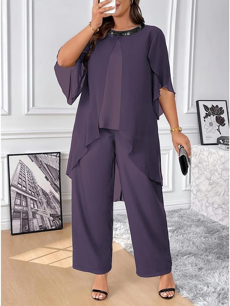 Plus Size Women's Sequin Chiffon Round Neck 3/4 Sleeve Elastic Waist Pants Set