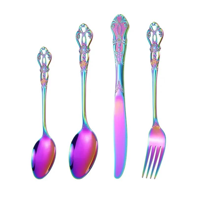 European Style Stainless Steel 4pcs Dinnerware Set - Retro Hollow Design Gold Spoon, Fork and Royal Steak Knife for Home Decor