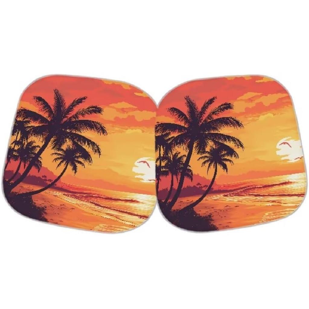 Dreaweet Hawaiian Sun Visor for Car Windshield 2 Piece Sunset Beach Palm Tree Car Window Shades Blockout Sun Shade for Car Window Front Windshield