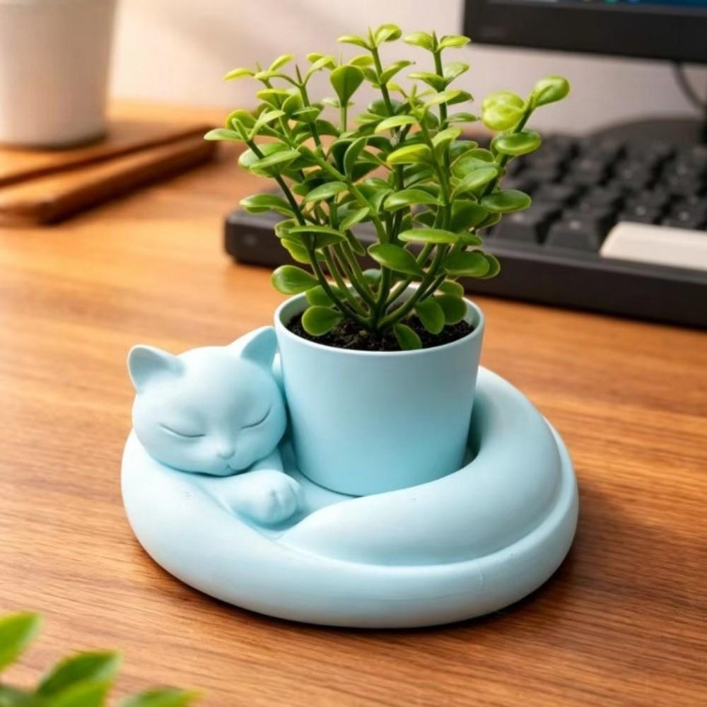 3D Printed Cat Sleeping Flowerpot Plastic Animal Shaped Planter Cat-Shaped Planter Pot Desktop