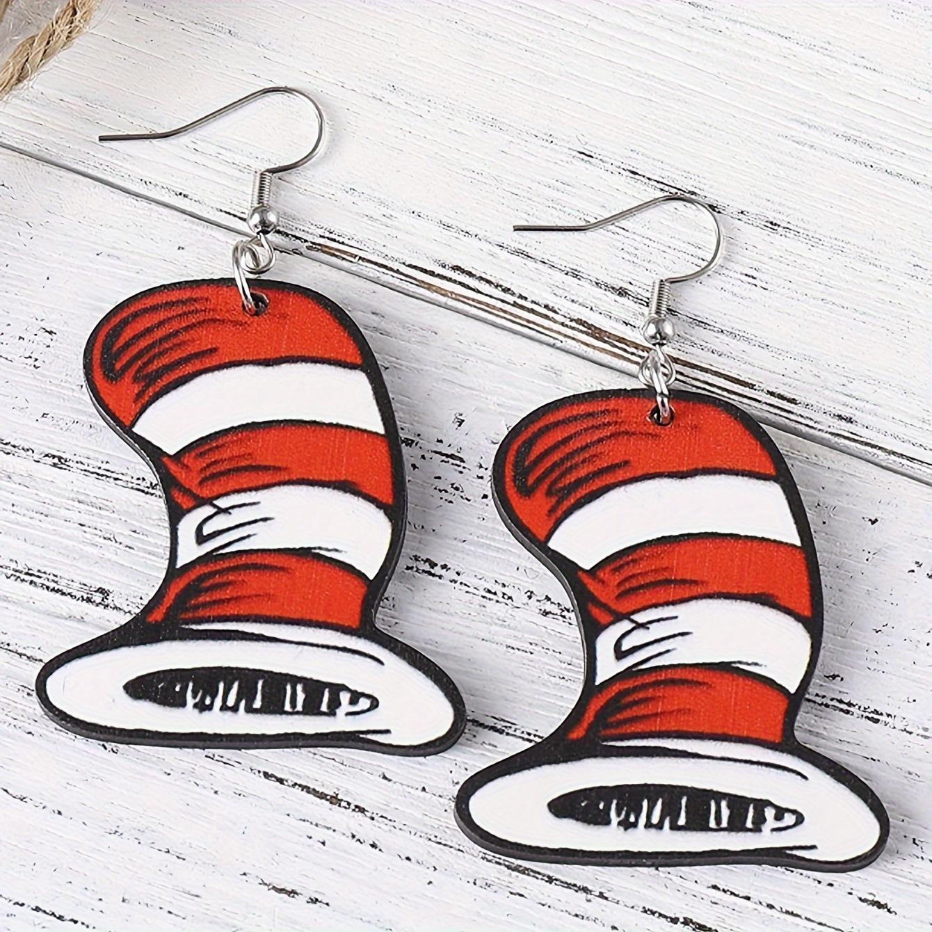 

Cartoon cute wooden red and white splicing hat earrings retro simple ladies pie vacation gift