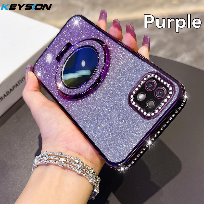 KEYSION Luxury Glitter Jewelled Magnetic Phone Case for Samsung Galaxy A22 A22S 5G A12 M12 Makeup Mirror Stand Shockproof Cover