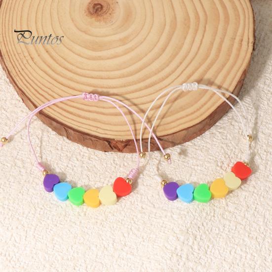 Cute Layered Cord Jewelry Colorful Hearts Bracelet, Handmade Braided String Adjustable Travel Vacation Wrist Accessory Heart Shaped Clay Beads