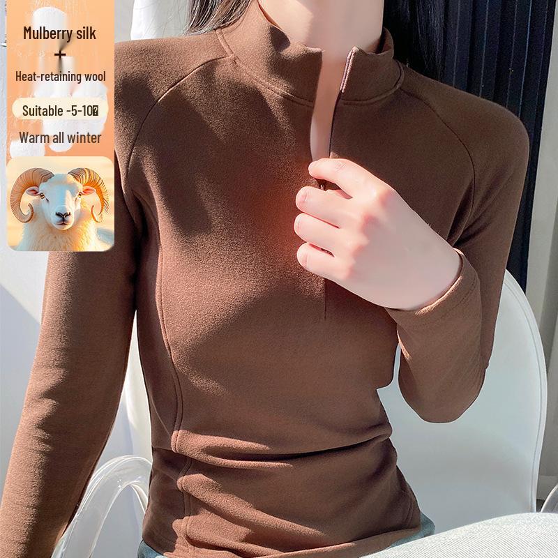 

Women s Zipper Stand Collar Long Sleeve T-shirt - Autumn/Winter Warm Fashion Base Layer M