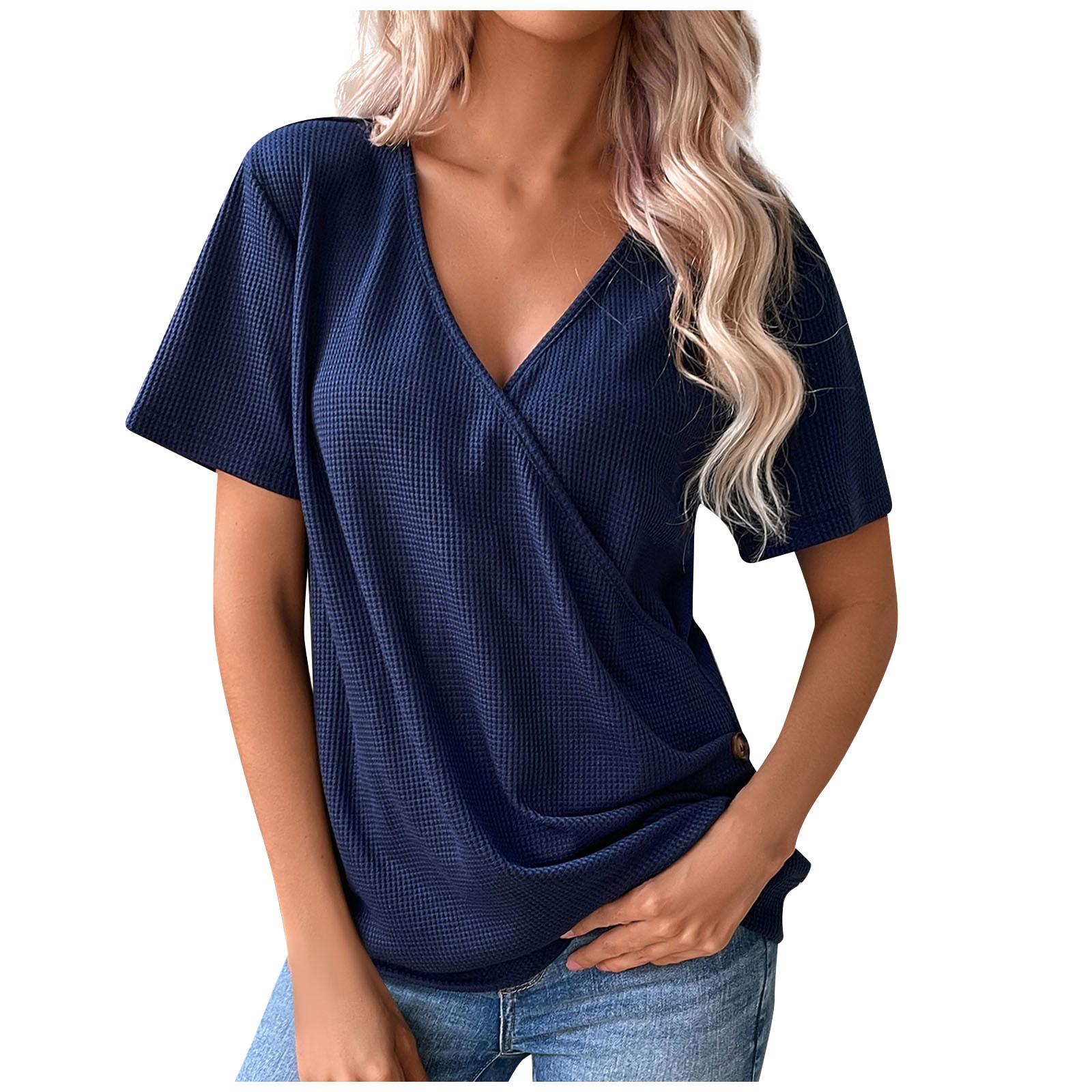 

(SU)Fashion Womens Loose Summer V Neck Solid Color Short Sleeve T-Shirt Tops