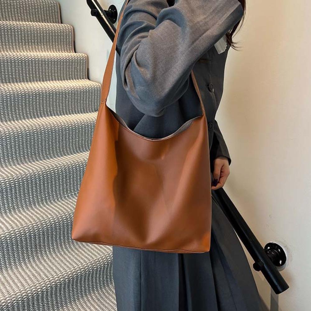 Large Capacity Solid Color Handbag Elegant French Underarm Bag Classic Soft PU Tote Bag  Daily