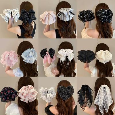 Headdress Bow Hairpin French Light Luxury Ponytail Clip Mesh Clip High-End Temperament Disc Hair Shark Clip