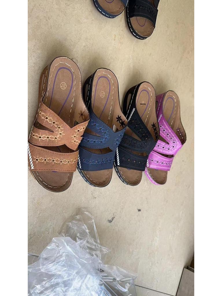 Women's Multi-color Embroidered Roman Wedge Heel Slippers: Plus Size Fish Mouth Sandals with Thick Soles