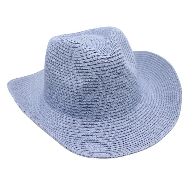 Adjustable Lightweight Wide Brim Solid Woven Panama Curled Straw Western Cowboy Visor Sun Hat With Accessories for Seaside Beach