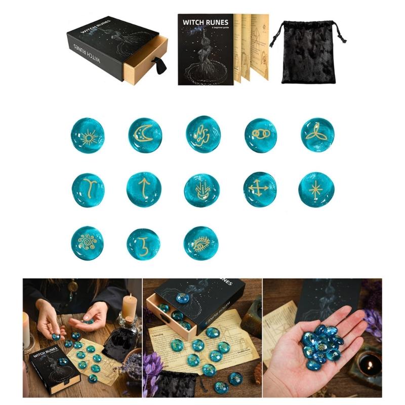13Pcs Glass Runes Stone Irregular Divination Runes Stone with Instruction and Storage Bag Heal Gift Decoration