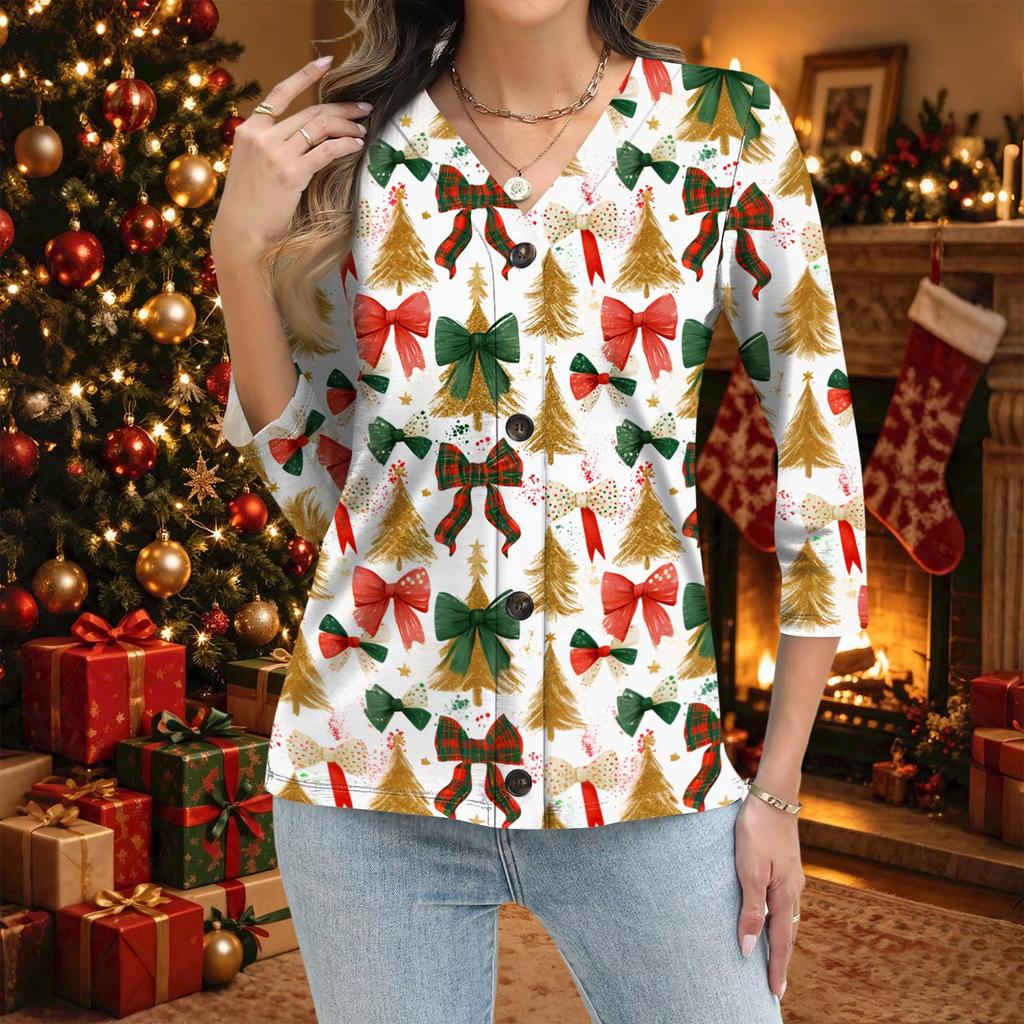 Women's Casual Christmas Print Button Down Shirt with 3/4 Sleeves
