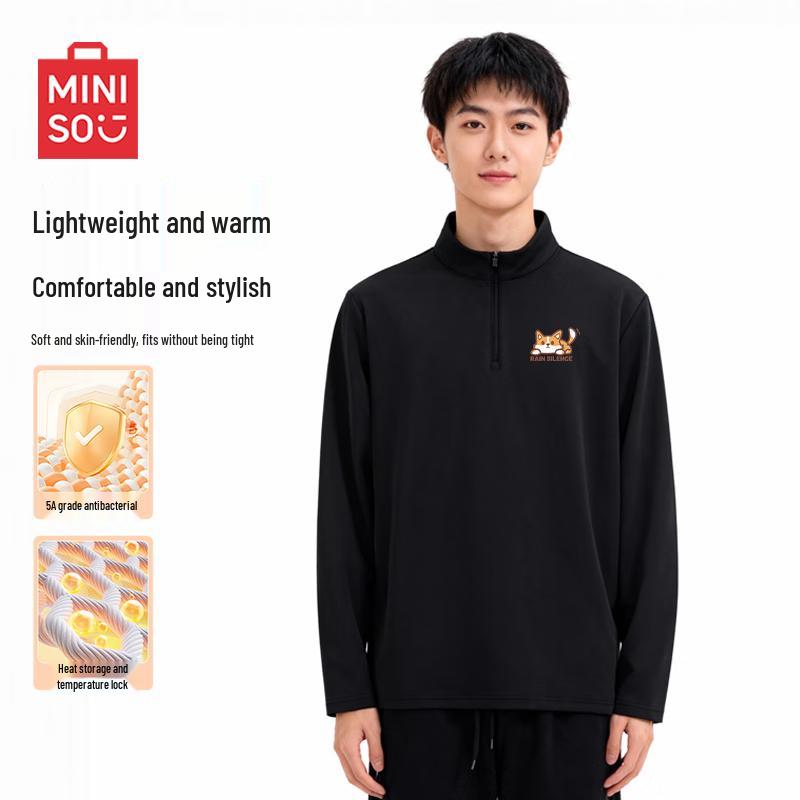 MINISO Men's Fleece-Lined Half-Zip Long Sleeve T-Shirt