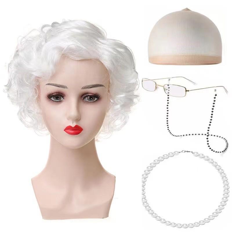 Set Parrucca Riccia da Nonna Corta Per Costume di Halloween Con Vari Colori alla Moda