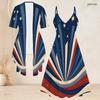 Women Plus Size Two Piece Set Strappy V Neck Flared Dress Short Sleeve Open Cardigan Printed Star Moon Pattern Beige Navy Red