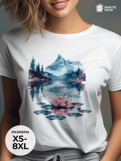 Oversized cotton T-shirt with  Lotus and Mountains  print M