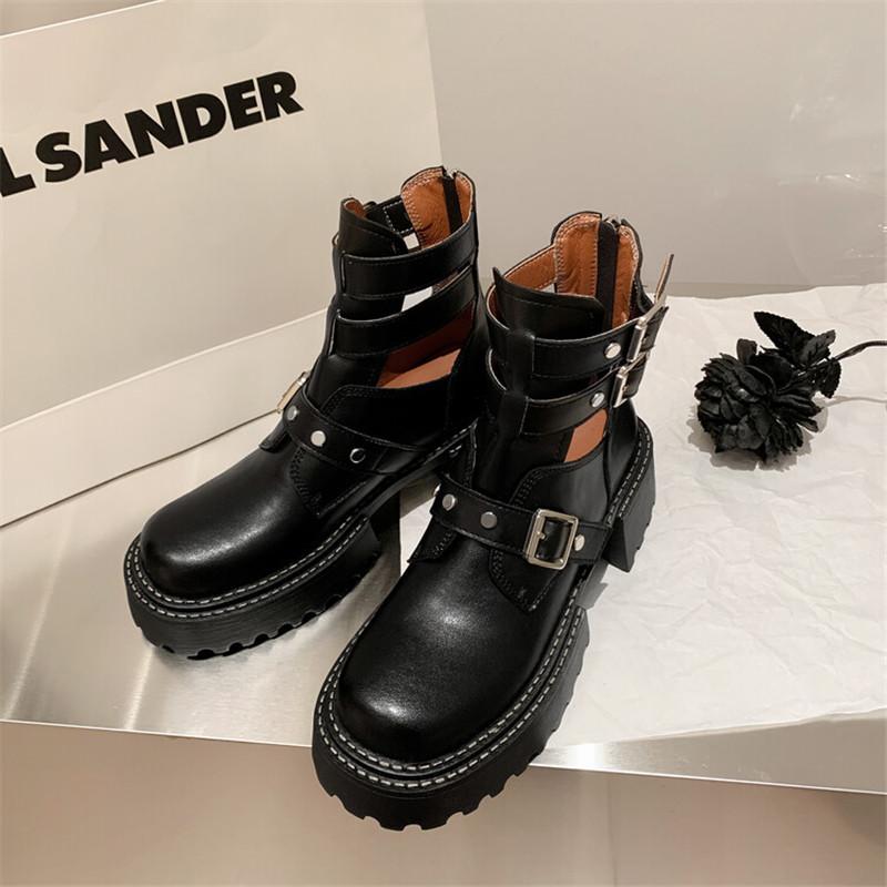 Fashion New Autumn/winter Women Boot Round Toe Platform Shoes Split Leather Fashion Belt Buckle Boots Short Boots for Women Handmade