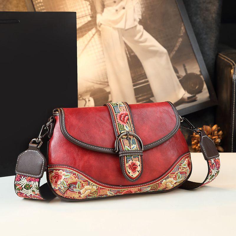 2025 New Genuine Leather Flowers Women Bag Luxury Fashion Small Saddle Bag Girls Embroidered Handbags Shoulder Crossbody Bags