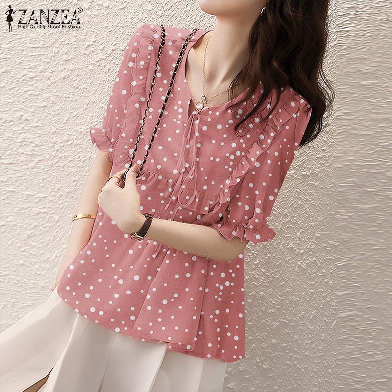 

ZANZEA женский летний повседневный топ с круглым вырезом на шнуровке и короткими рукавами в стиле пэчворк в горошек