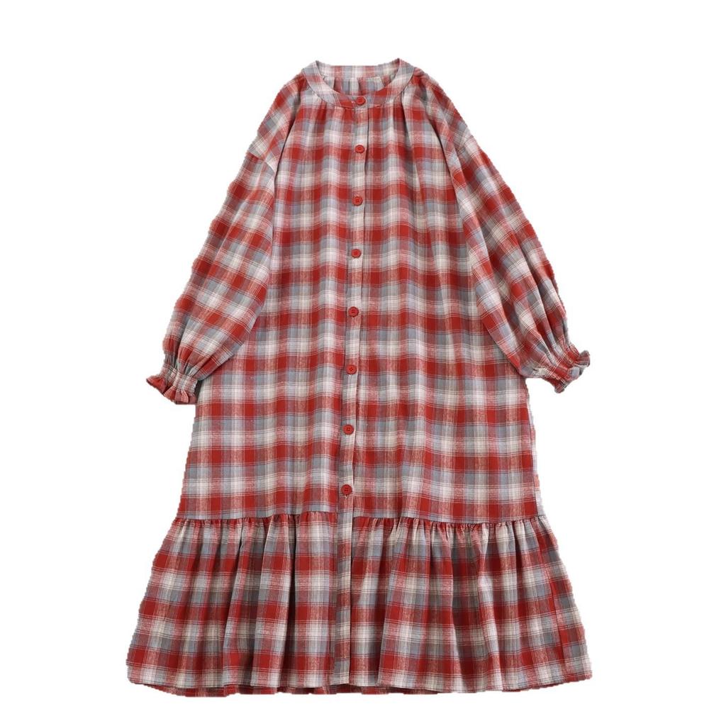 2025 Autumn Plaid Round Neck Long Sleeve Mori Girl Dress - Loose and Versatile Cardigan Style