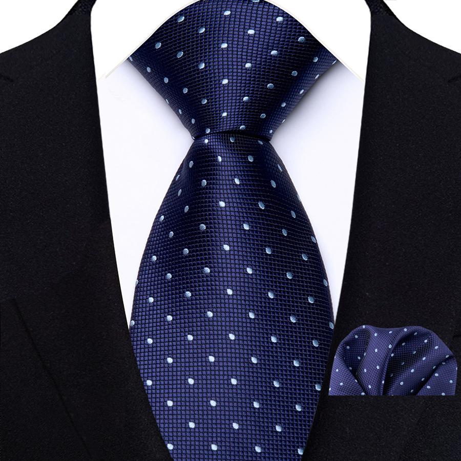 Classic Mens 8cm Tie Set Navy Polka Dot Stripes Tie For Men Wedding Business Party Fashion Design Quality Hanky Necktie Set