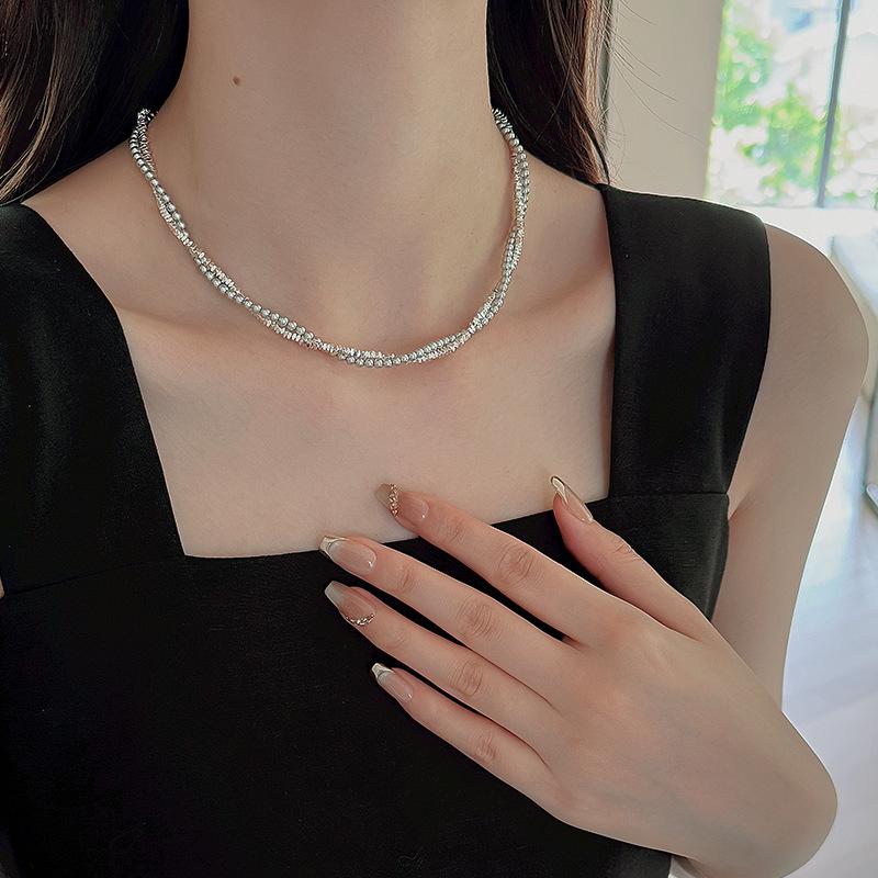 Double Layer Shredded Silver Pearl Necklace - Elegant Women's Clavicle Chain, Versatile Fashion Accessory, French Retro Style