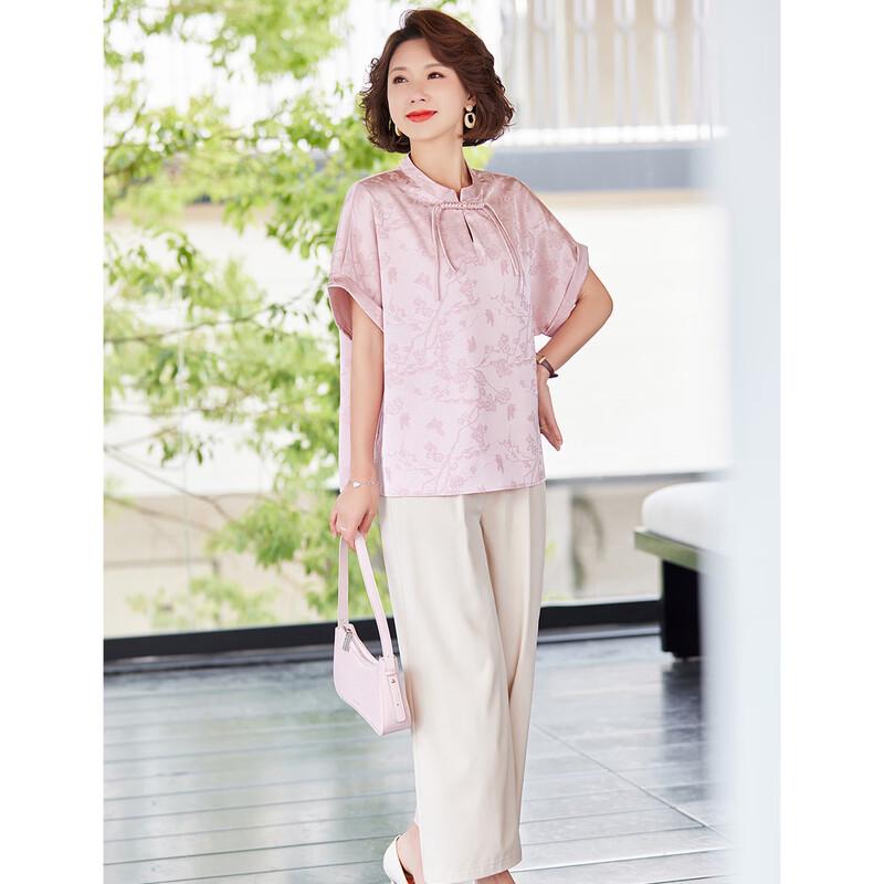 Pasite New Chinese Style Short Sleeve Top & Pants Set for Middle-Aged Women