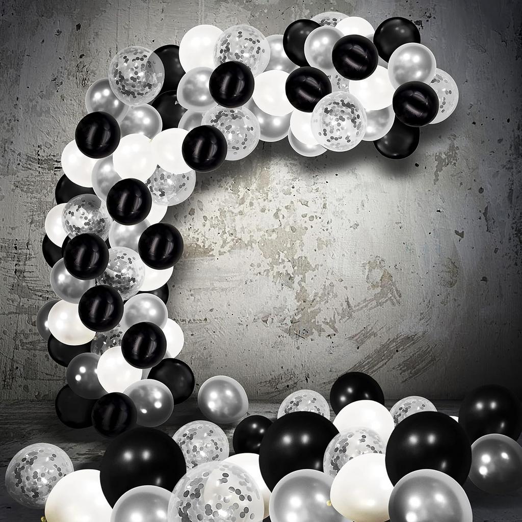 12inch 100pcs silver black white balloon set with confetti, suitable for weddings, birthdays, theme parties, family gatherings