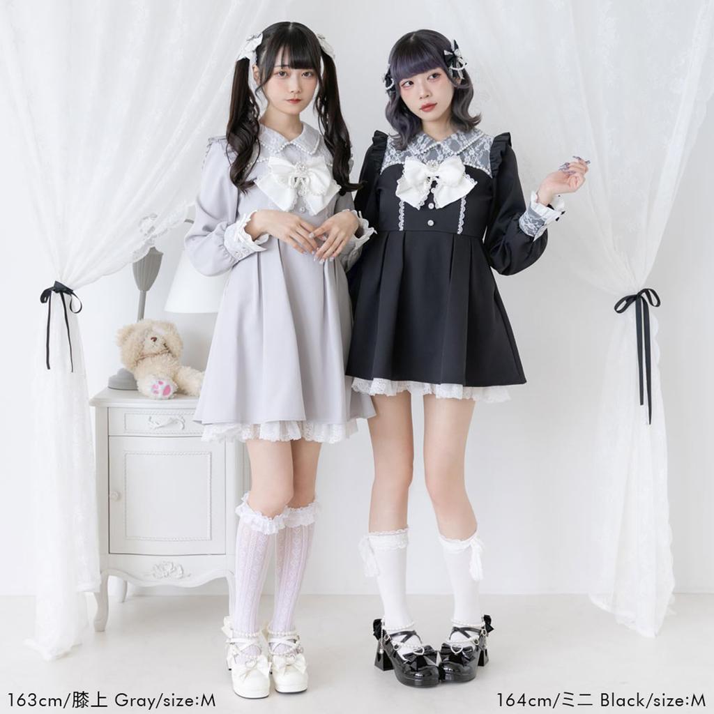 [Yumetembo] Mass-produced Landmine Style Clothing [Dear My Love] Casual Dress, Lace Pearl Ribbon Frill Dress, Women's, Mini, Pink, Yumetenbo