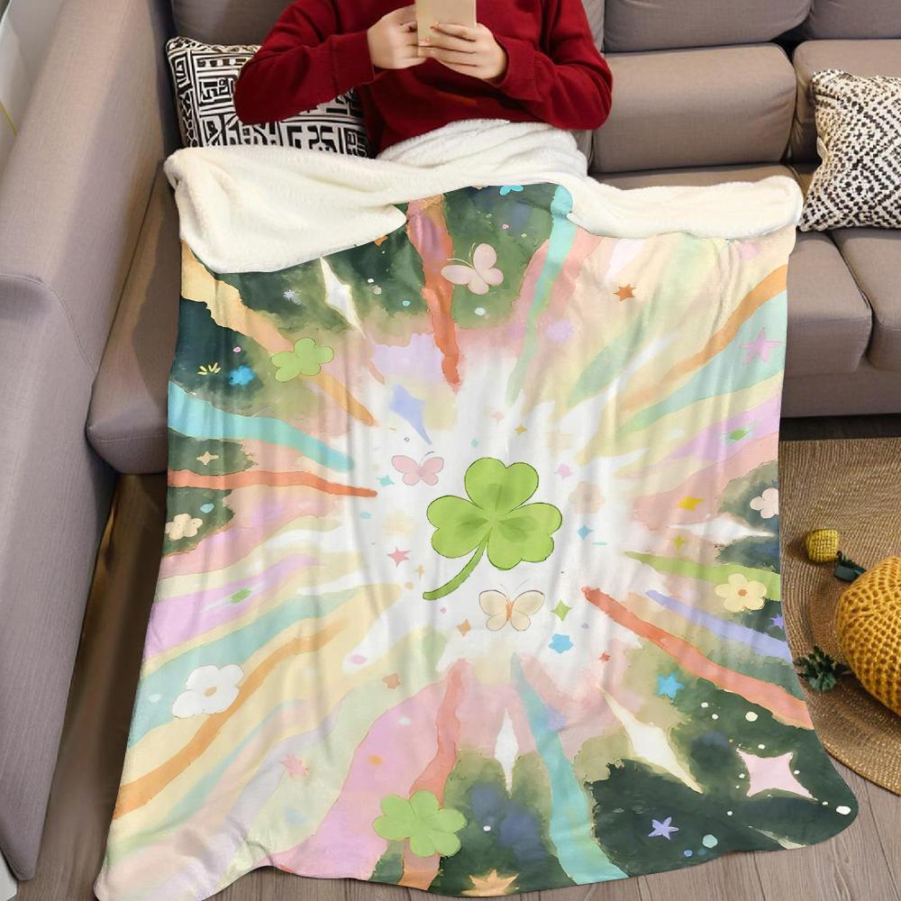 Lucky Clover Burst Flannel Blanket Warm Soft Halloween Christmas Couch Warm Cozy Decorative Decor Gift for All Season