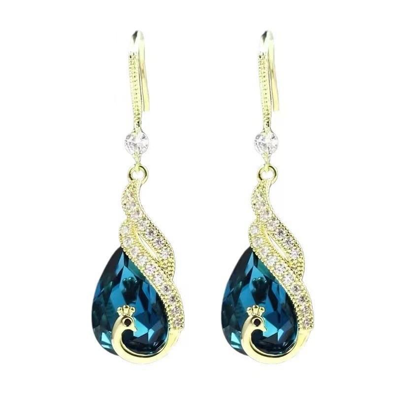 

New temperament fashionable retro peacock short long fringed earrings blue crystal versatile earrings super long personality