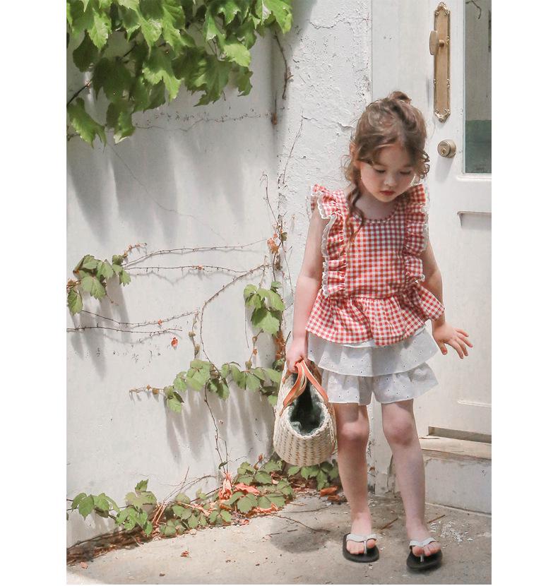 Mädchen Karierte Rüschen Ärmellose Weste - Sommer 2024, Reine Baumwolle, Alter 3-10