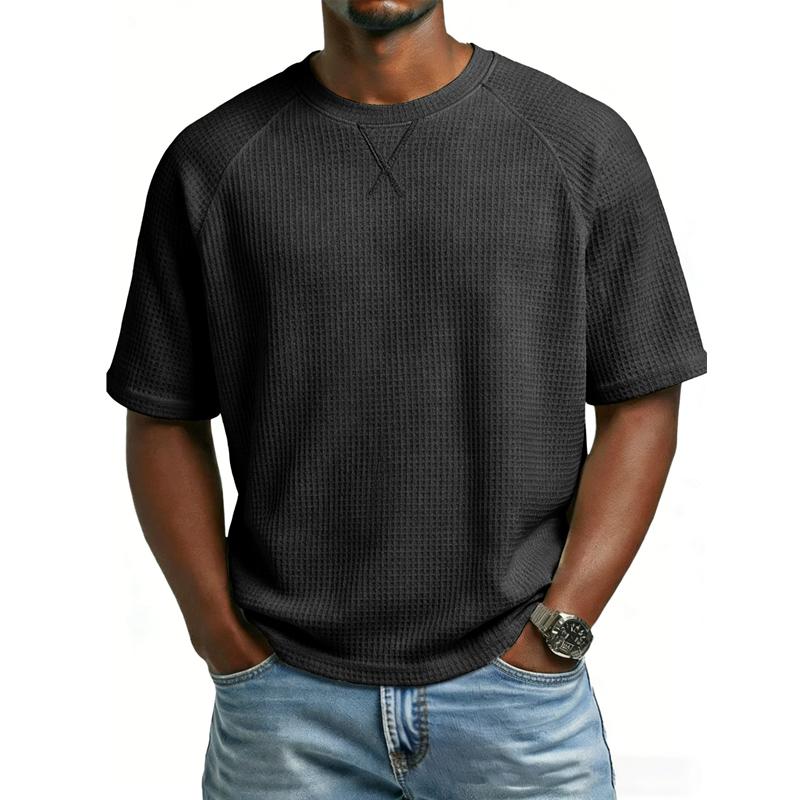 Herren Casual T-Shirt Waffelstrick Lockerer Schnitt T-Shirts für Mann Einfarbige Kurzarm-T-Shirts Übergroßer Schnitt Strukturierter Stoff Rundhalsausschnitt