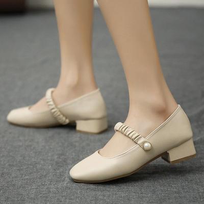 Neue Damen-Pumps mit Perlenschnalle und Riemen, Mary Jane-Schuhe mit quadratischer Zehenpartie, bequeme Arbeitsschuhe aus weichem Leder in Schwarz