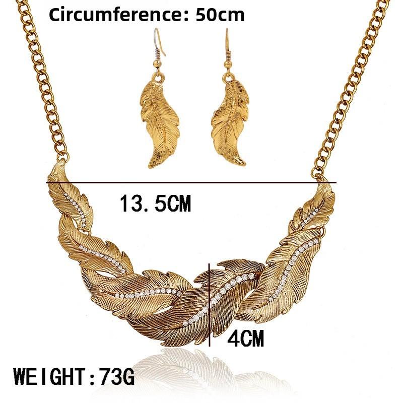 Rhinestone Fashion Decoration Feather Design Women Gold Necklace And Earring Set